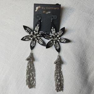 g by Gennaro Flower Dangle Earrings Black, Silver Tone Fringe Chain